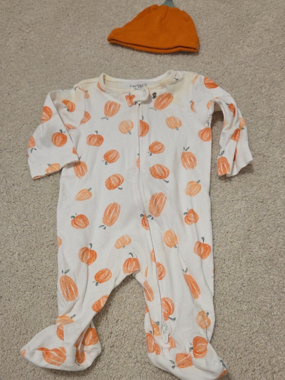 Pumpkin Print Baby Sleeper With Pumpkin Hat